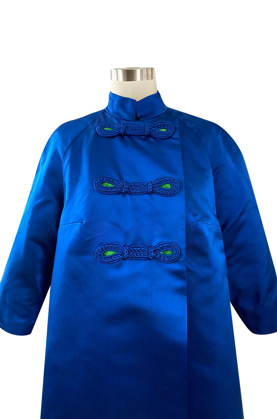 1950s Brilliant Blue Silk Satin Coat w Braided Detailing & a Startling Bright Green Lining