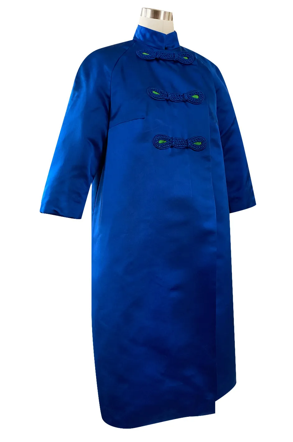 1950s Brilliant Blue Silk Satin Coat w Braided Detailing & a Startling Bright Green Lining