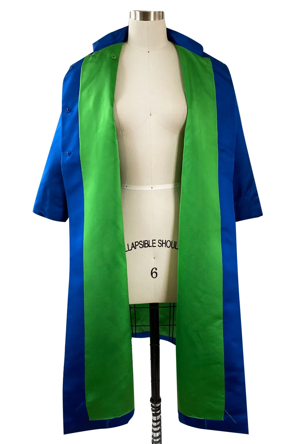 1950s Brilliant Blue Silk Satin Coat w Braided Detailing & a Startling Bright Green Lining