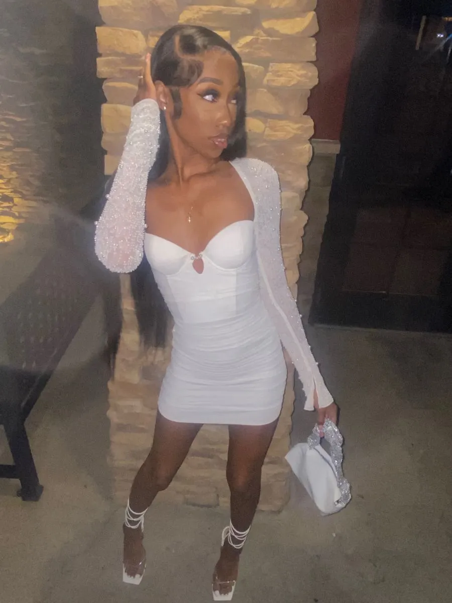 19th Birthday Outfit Dress,White Homecoming Dress with Long Sleeves,White Bodycon Dress  Y2100