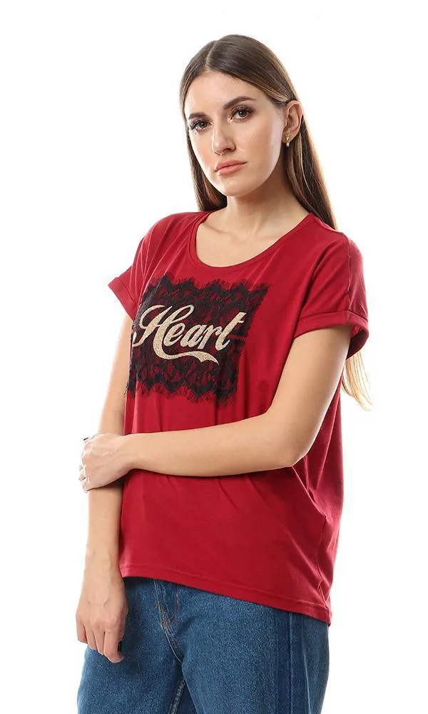 57191 Golden Glittery Heart Burgundy Tee