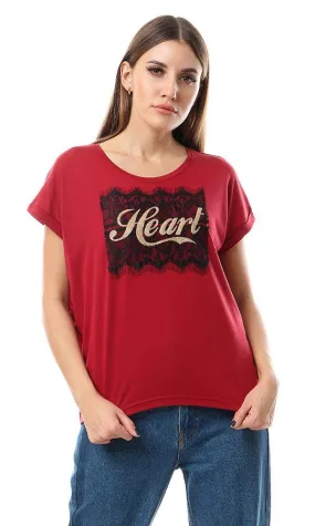 57191 Golden Glittery Heart Burgundy Tee