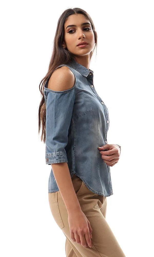 93118 Fashionable Cold Shoulders Denim Shirt - Bracing Blue