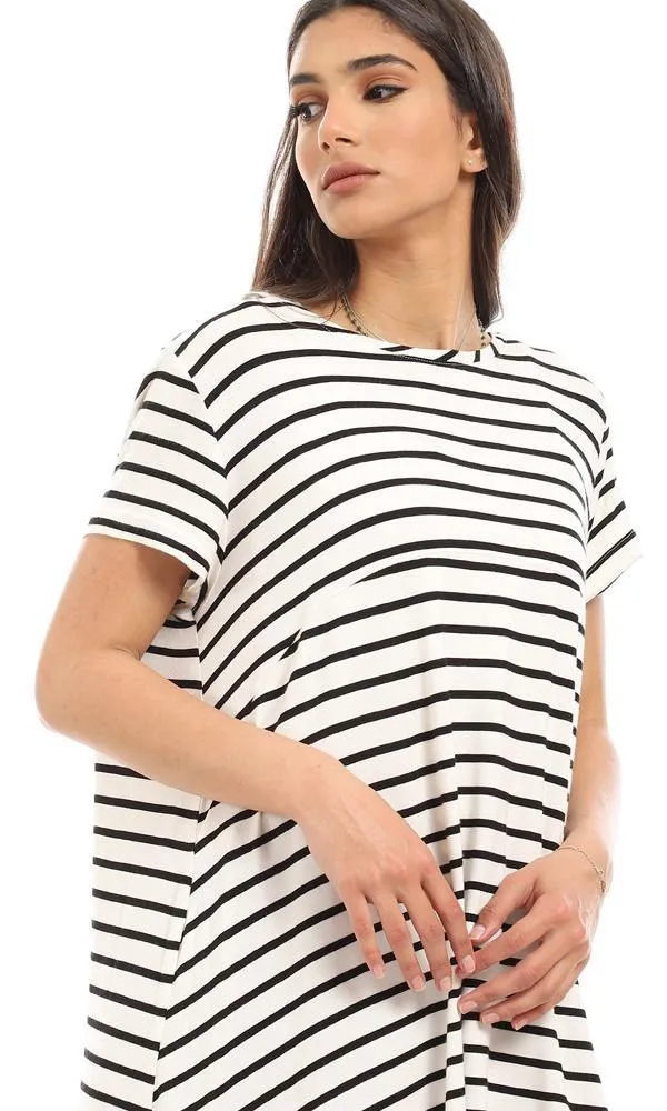 95025 Loose Fit Cape Sleeves Striped Top - White & Black