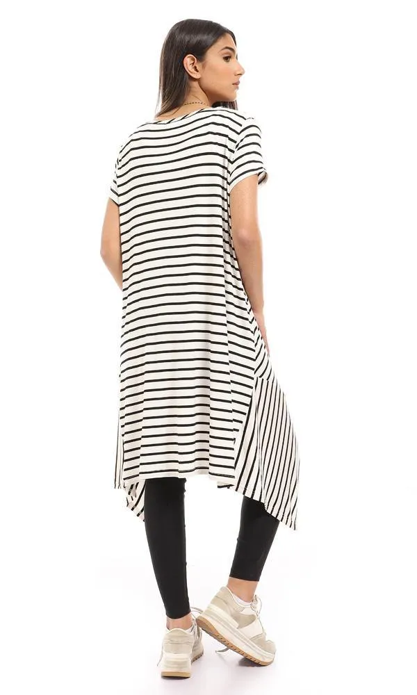 95025 Loose Fit Cape Sleeves Striped Top - White & Black