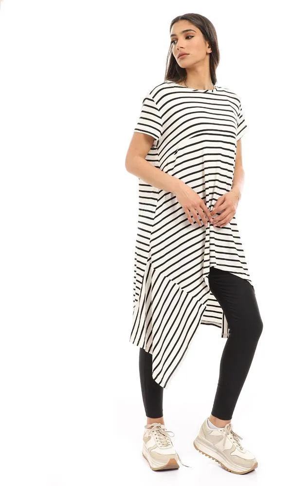 95025 Loose Fit Cape Sleeves Striped Top - White & Black