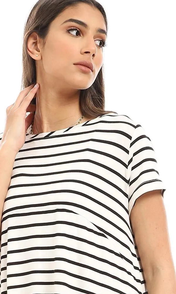 95025 Loose Fit Cape Sleeves Striped Top - White & Black