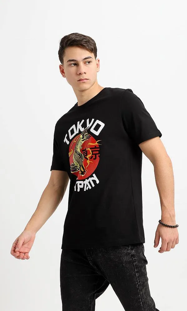 95065 "Tokyo" Printed Round Neck Black Cotton Tee