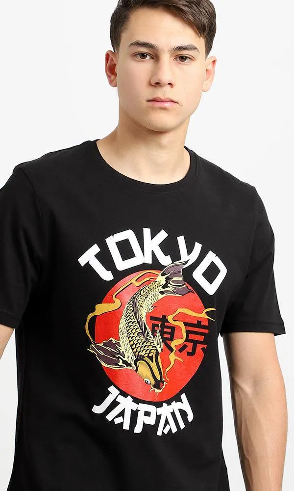 95065 "Tokyo" Printed Round Neck Black Cotton Tee