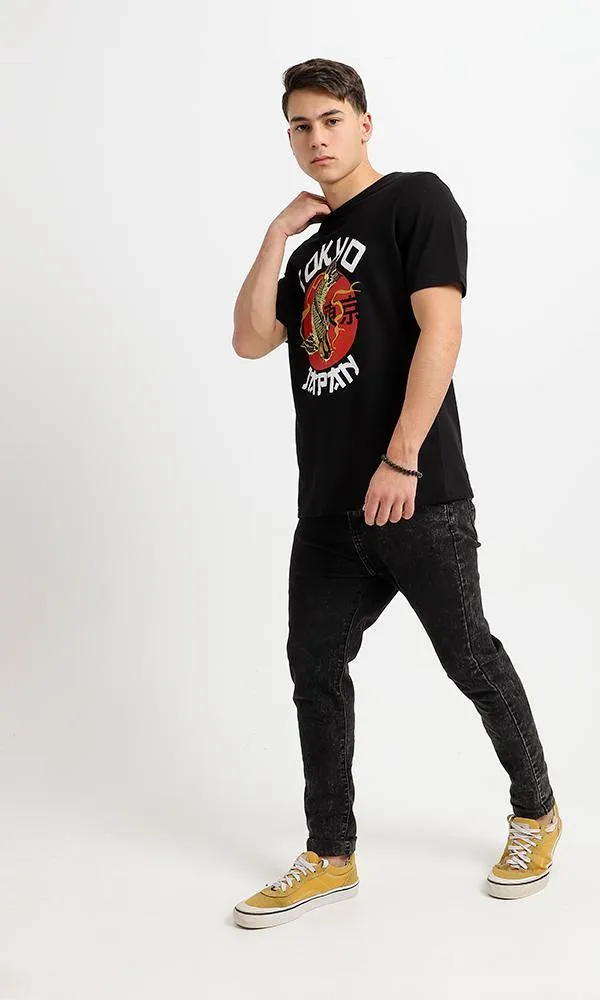 95065 "Tokyo" Printed Round Neck Black Cotton Tee