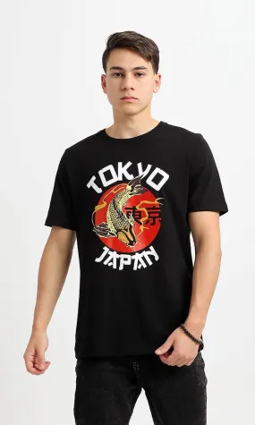 95065 "Tokyo" Printed Round Neck Black Cotton Tee