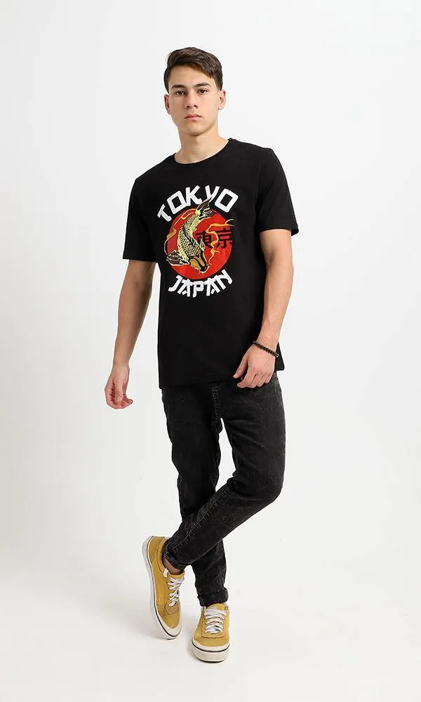 95065 "Tokyo" Printed Round Neck Black Cotton Tee