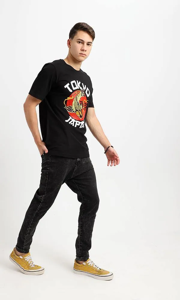 95065 "Tokyo" Printed Round Neck Black Cotton Tee