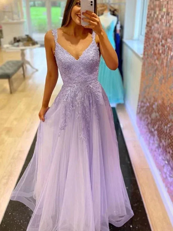 A Line V Neck Beaded Lace Long Prom Dresses, Lace Formal Dresses, Lavender Evening Dresses Y1802