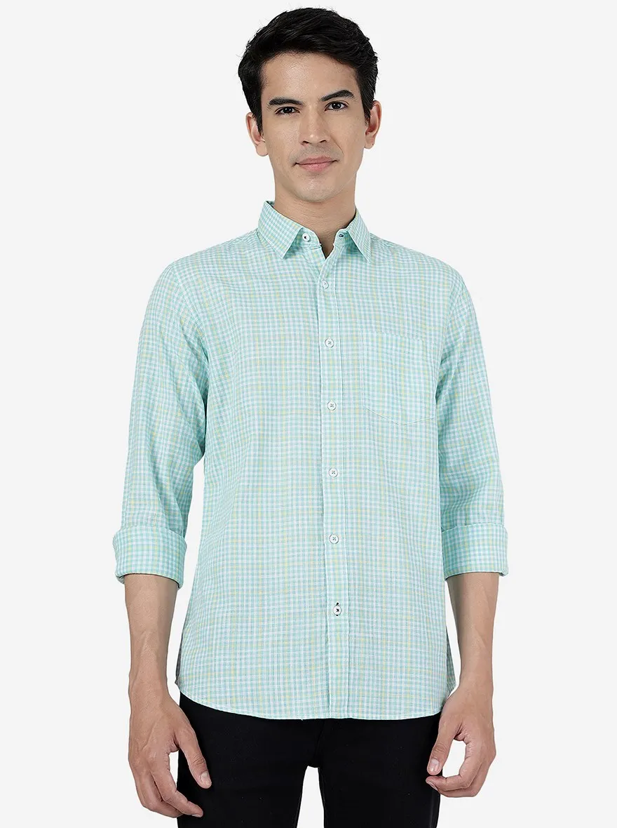 Aqua Green Checked Slim Fit Casual Shirt | JadeBlue