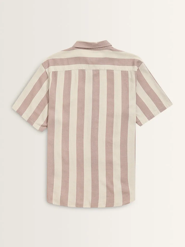 Ascot Dusty Pink Striped Relaxed-Fit Blended Linen Shirt