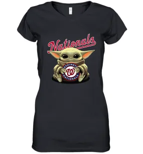 Baby Yoda Hugs Loves The Washington Nationals Baseball Womens V-Neck T-Shirt