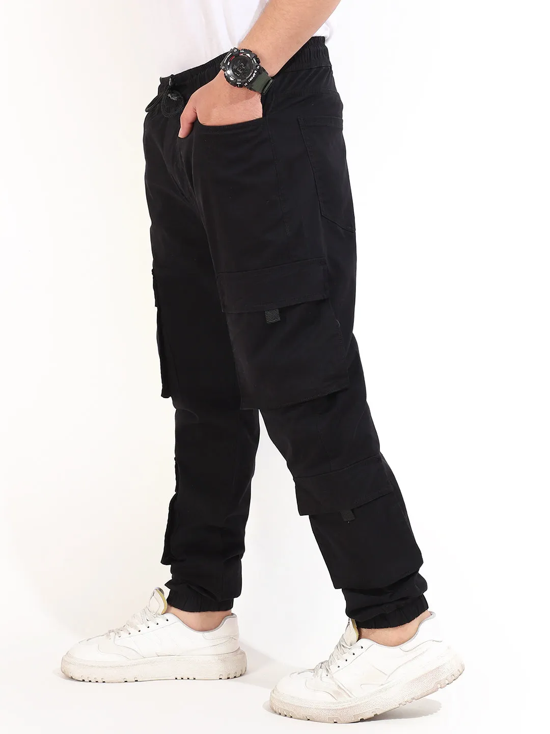 Black Cotton Twill Baggy Fit 8 Pocket Cotton Cargo