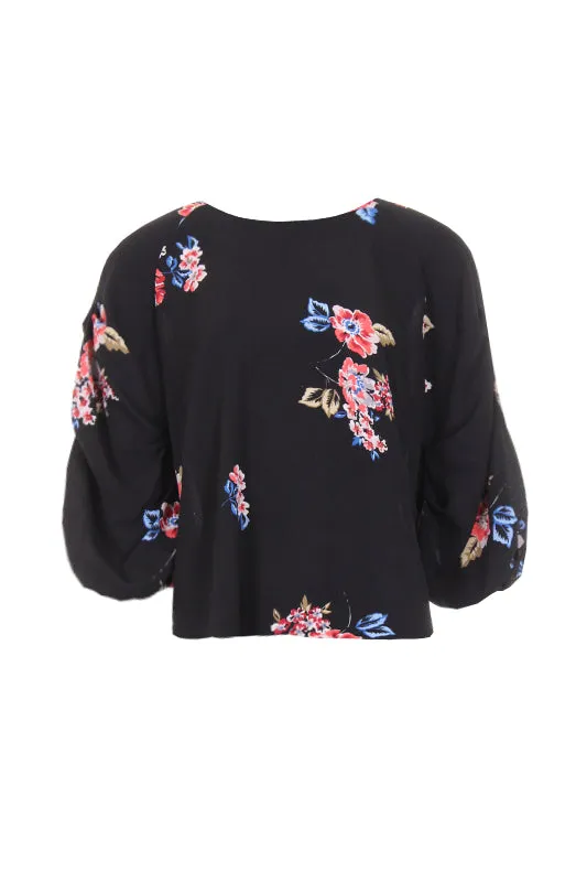 Black Floral Tie Sleeve Top