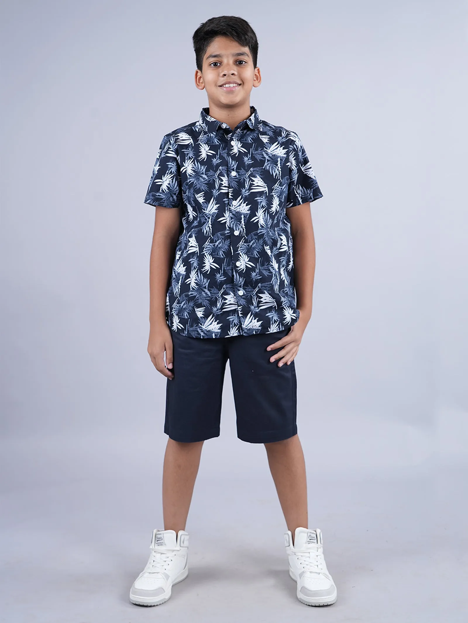 Boys AOP Half Sleeve Shirt & Formal Solid Shorts Set