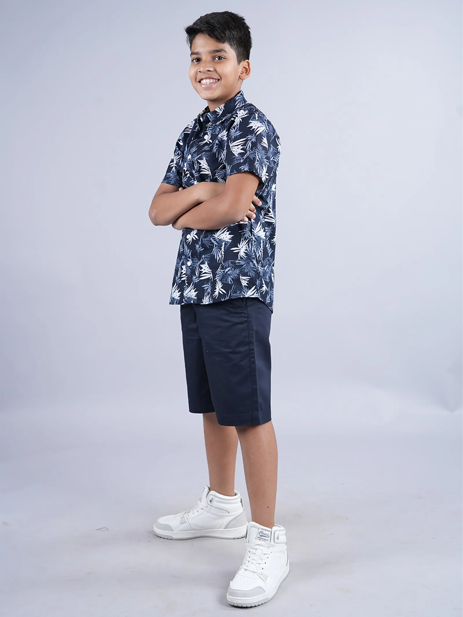 Boys AOP Half Sleeve Shirt & Formal Solid Shorts Set