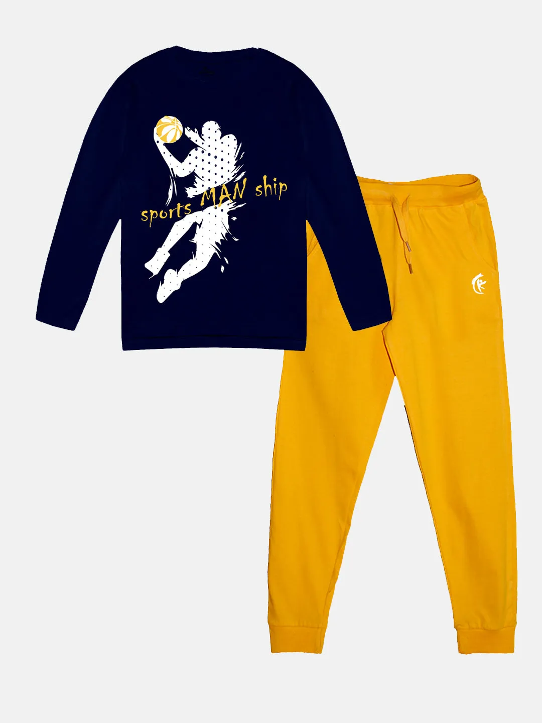 Boys Printed Full Sleeve Round Neck Tee & Solid Track Pant Set