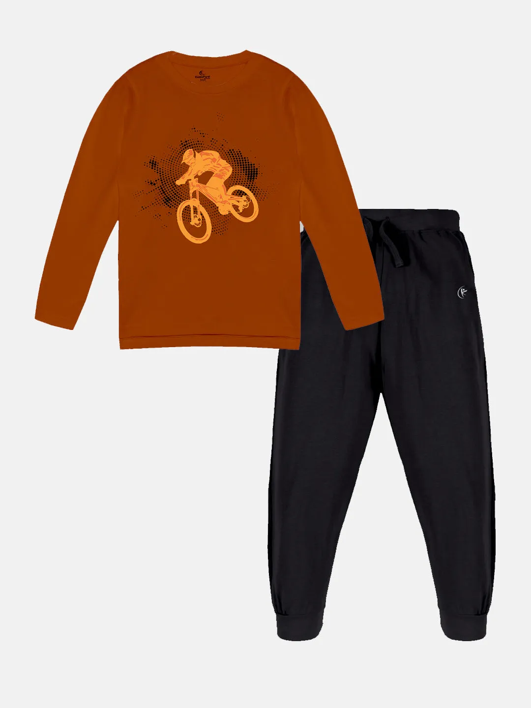 Boys Printed Full Sleeve Round Neck Tee & Solid Track Pant Set