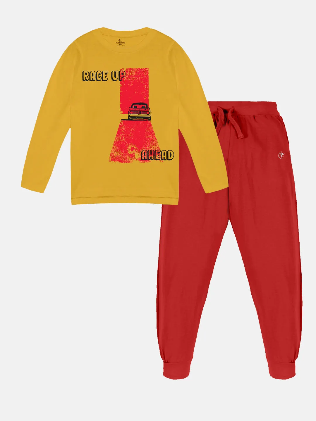 Boys Printed Full Sleeve Round Neck Tee & Solid Track Pant Set