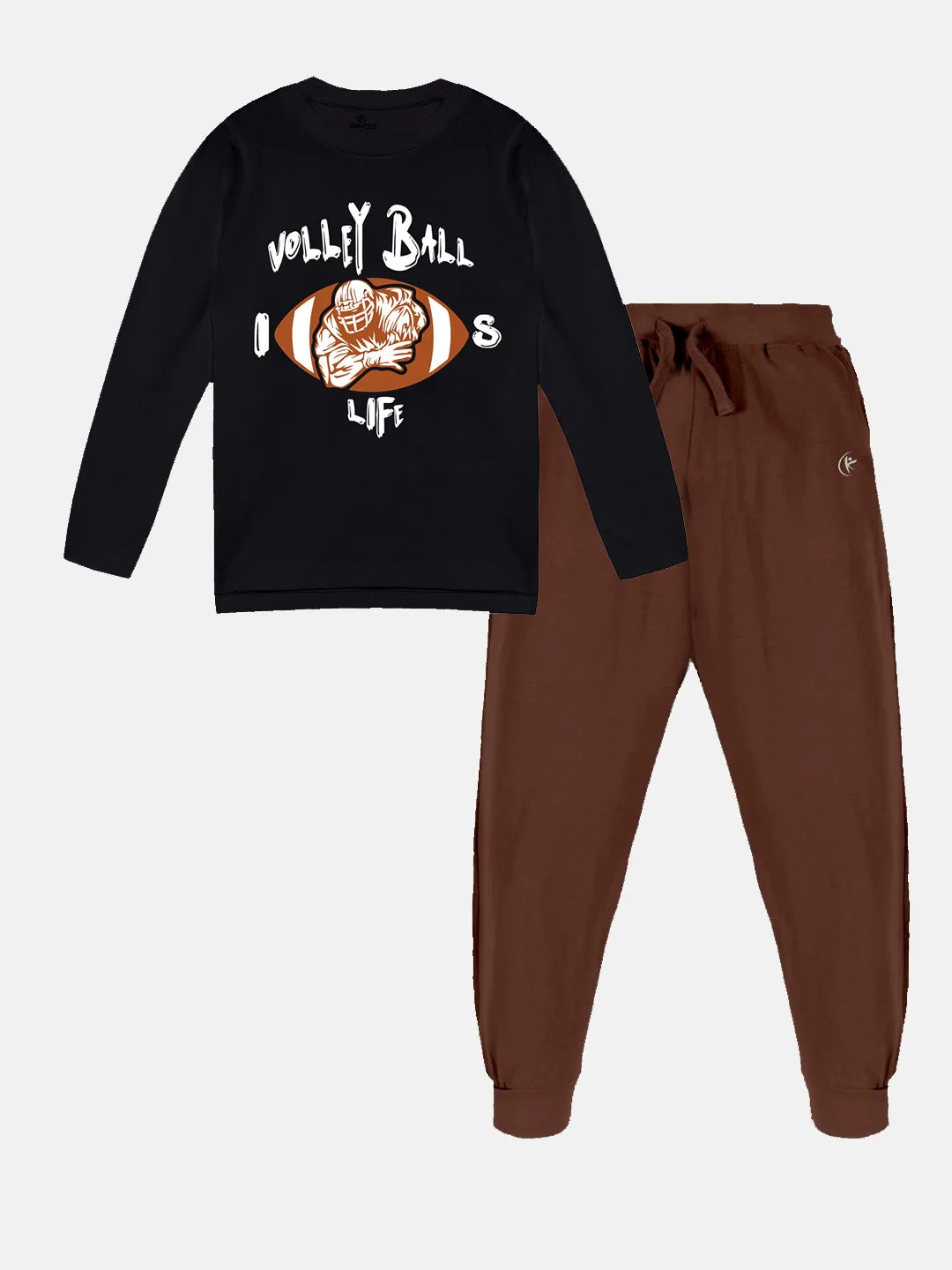 Boys Printed Full Sleeve Round Neck Tee & Solid Track Pant Set