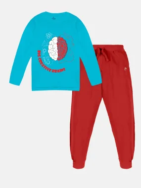 Boys Printed Full Sleeve Round Neck Tee & Solid Track Pant Set