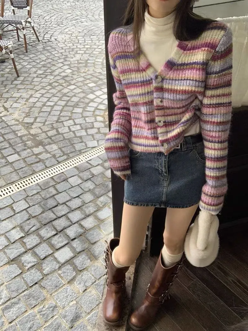Cozy Rainbow Striped V-Neck Knit Cardigan - Cute Holiday Sweater