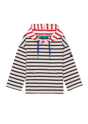 Dragey children hooded t-shirt - in thick striped cotton jersey (ECRU/MARINE/TULIPE)