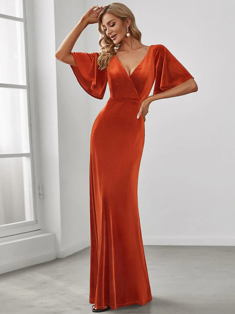 Elegant Double V Neck Velvet Party Dress with Sleeves