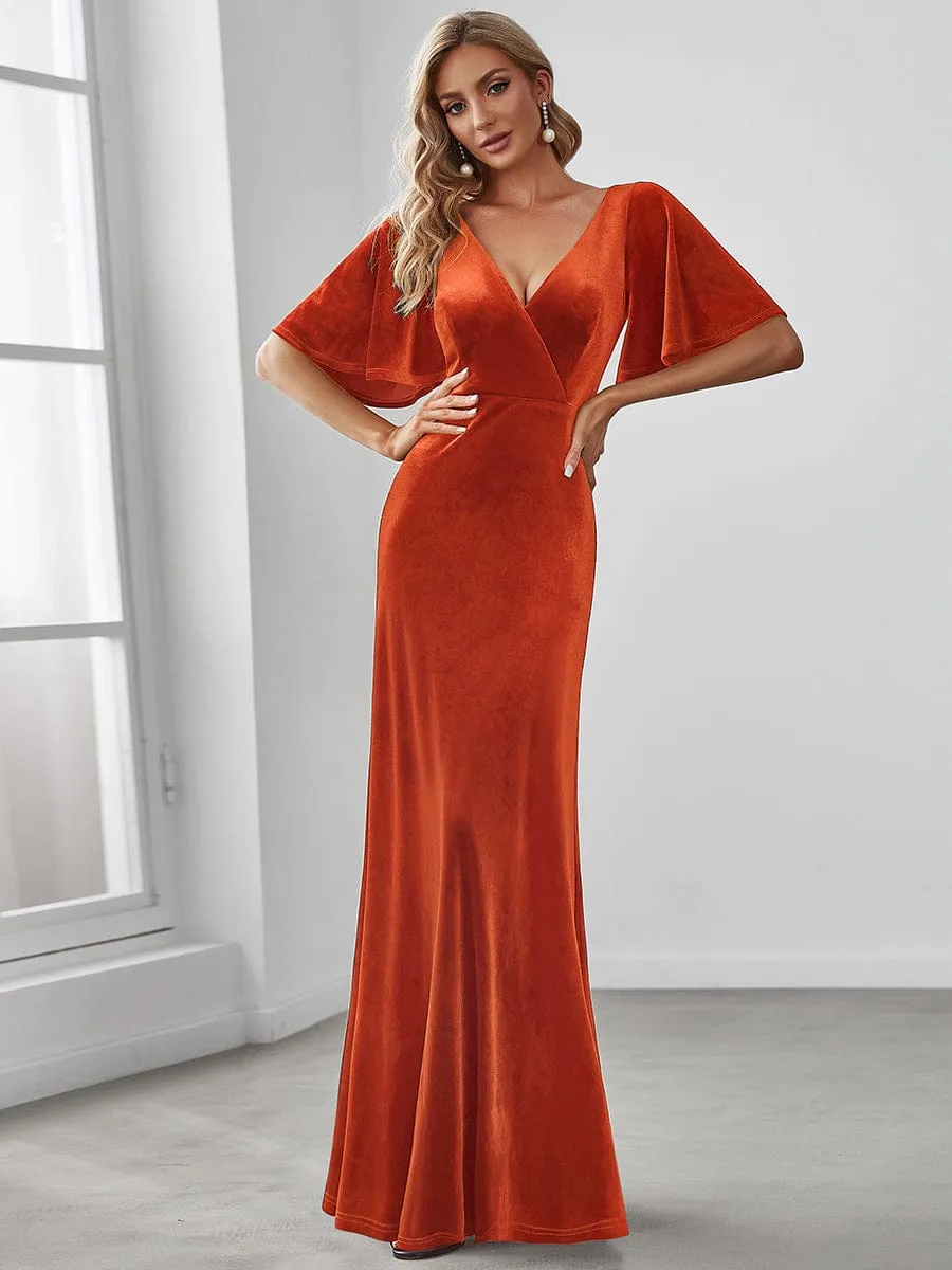 Elegant Double V Neck Velvet Party Dress with Sleeves