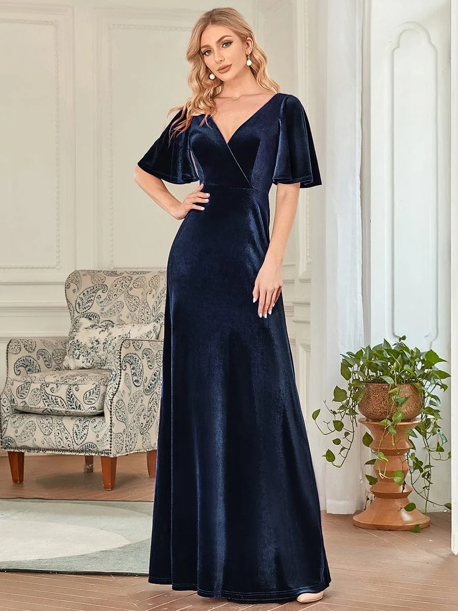 Elegant Double V Neck Velvet Party Dress with Sleeves