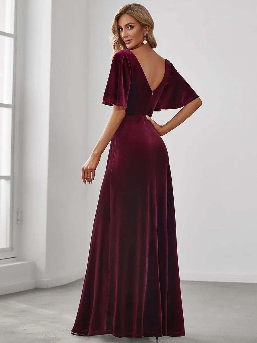 Elegant Double V Neck Velvet Party Dress with Sleeves