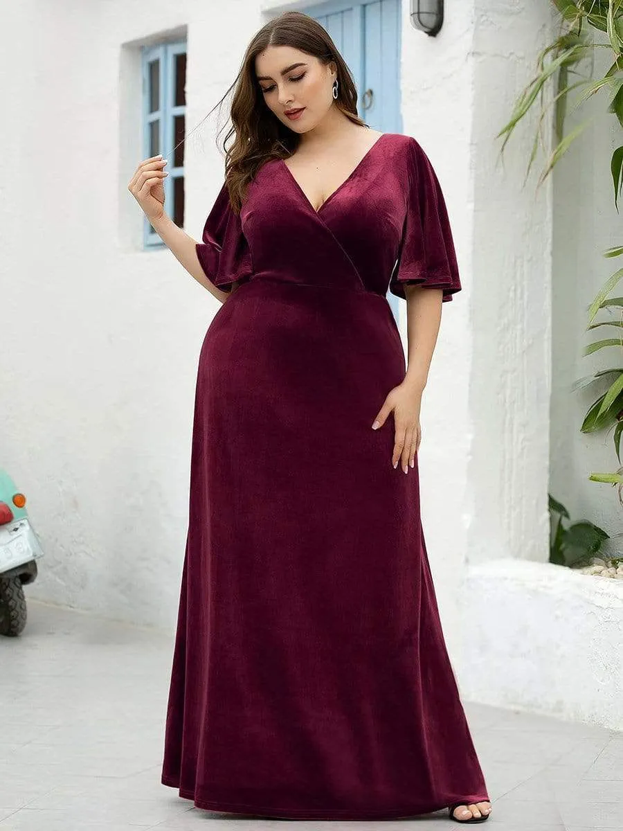 Elegant Double V Neck Velvet Party Dress with Sleeves