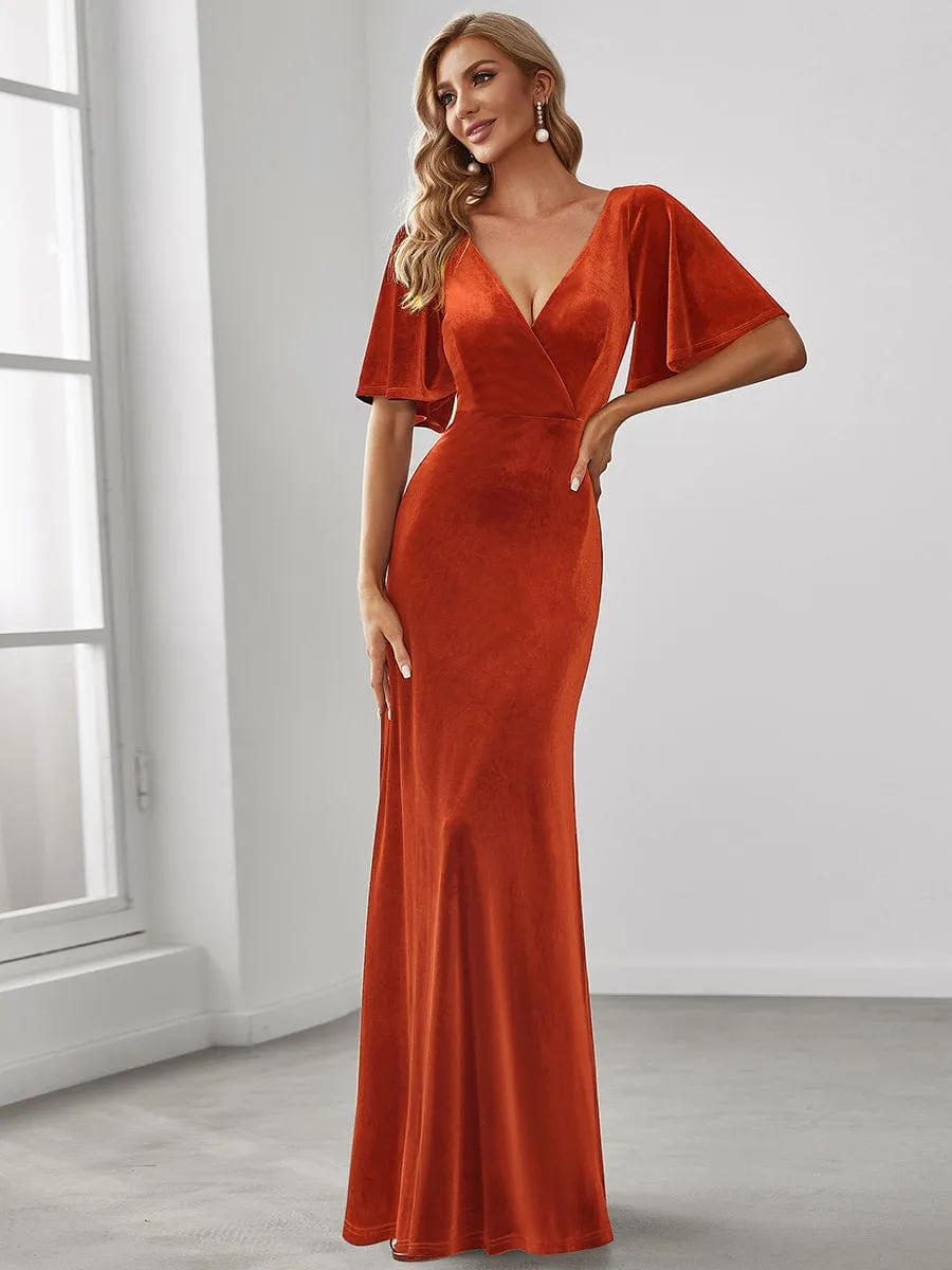 Elegant Double V Neck Velvet Party Dress with Sleeves