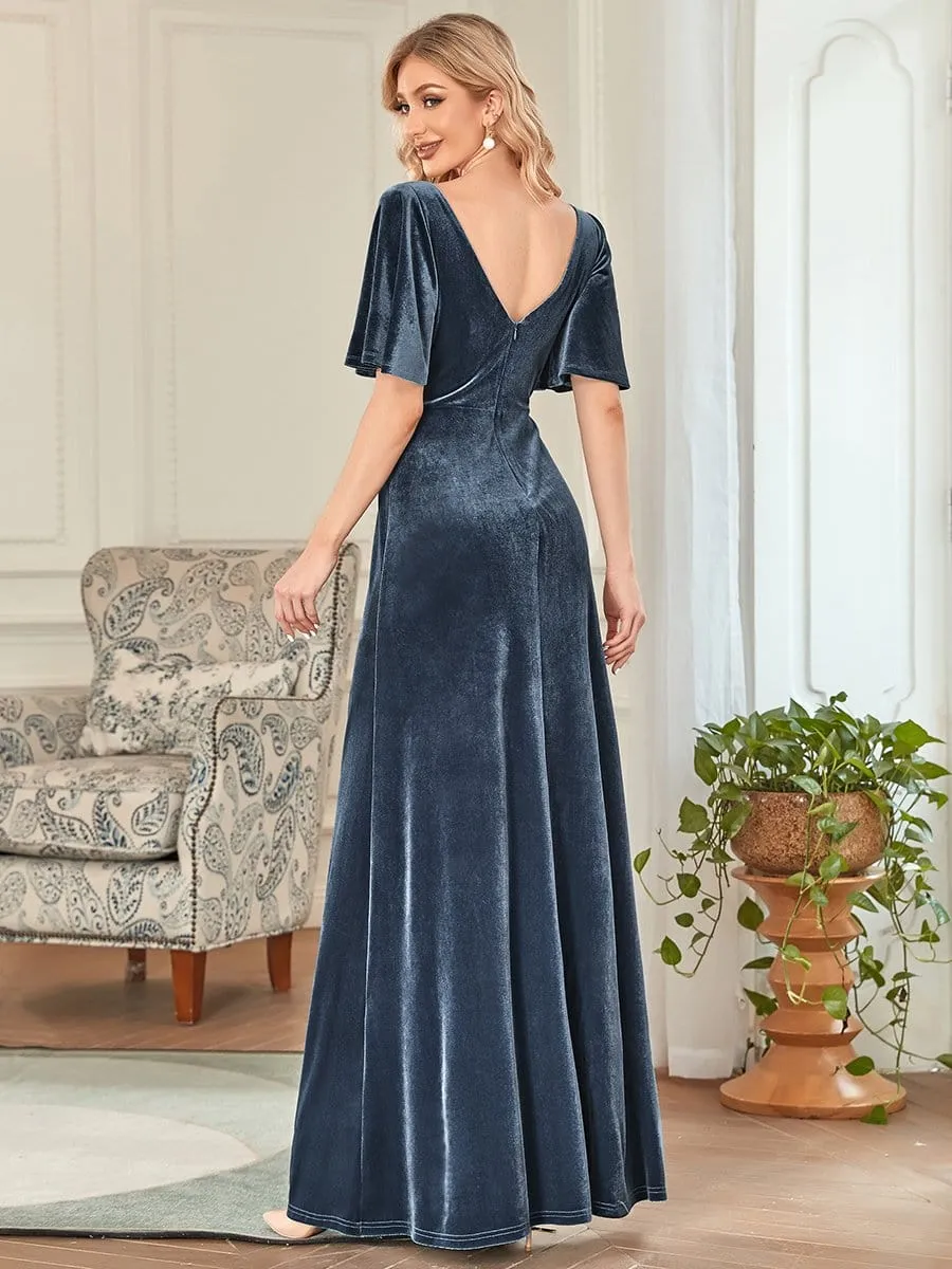 Elegant Double V Neck Velvet Party Dress with Sleeves