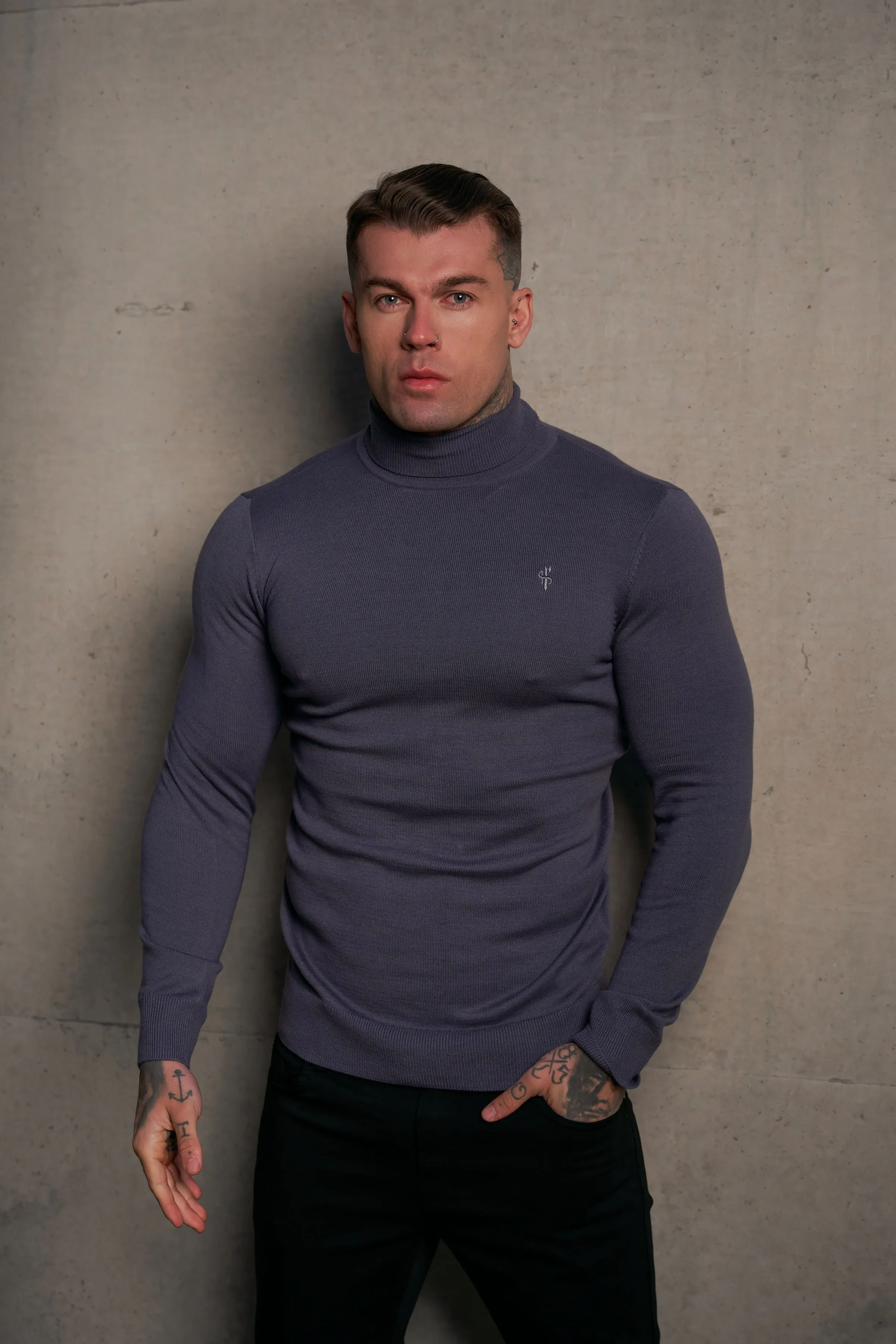 Father Sons Classic Gunmetal Roll Neck Knitted Sweater With Tonal Emblem - FSN137