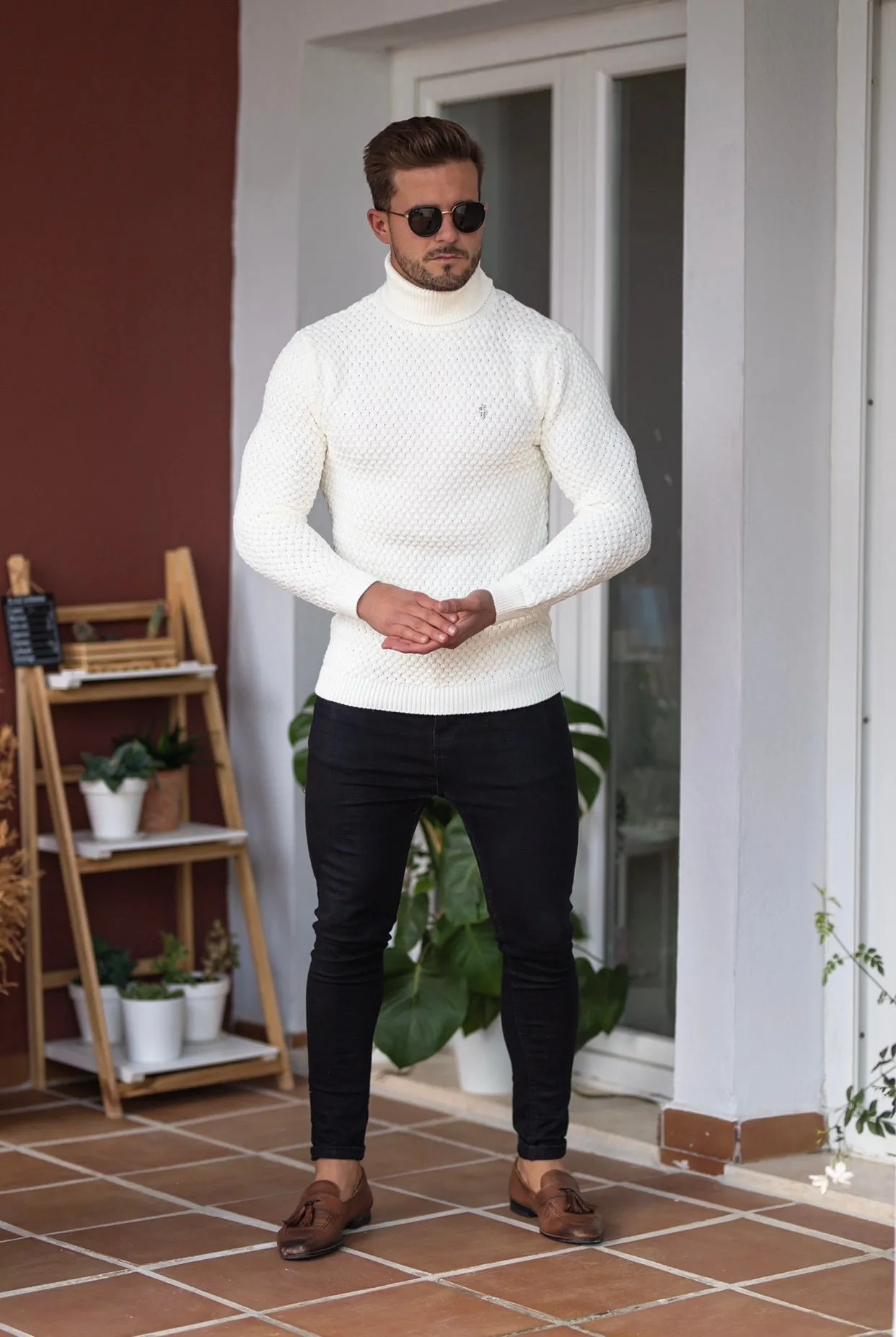 Father Sons Cream Knitted Roll Neck Weave Super Slim Sweater With Metal Decal - FSJ026