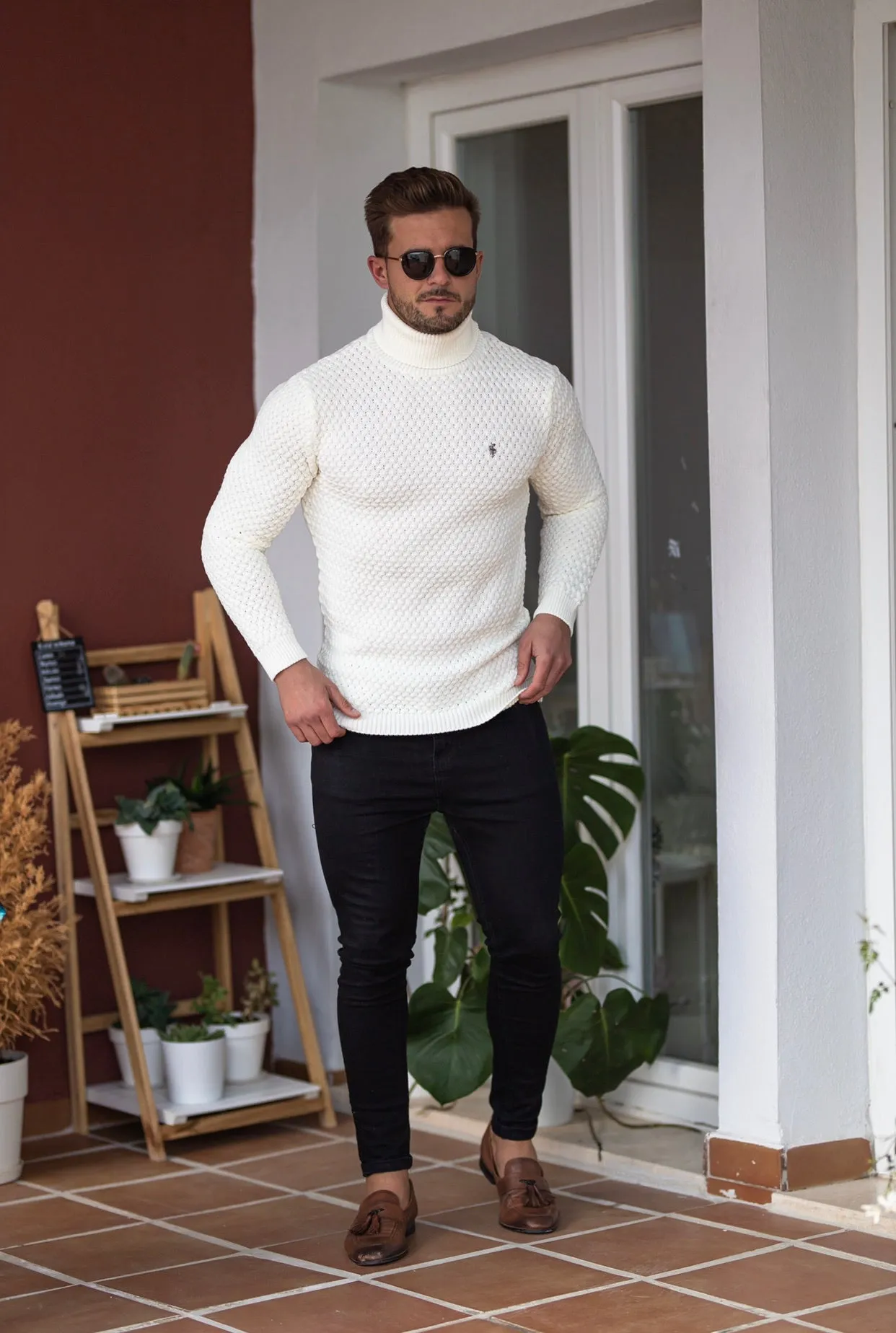 Father Sons Cream Knitted Roll Neck Weave Super Slim Sweater With Metal Decal - FSJ026