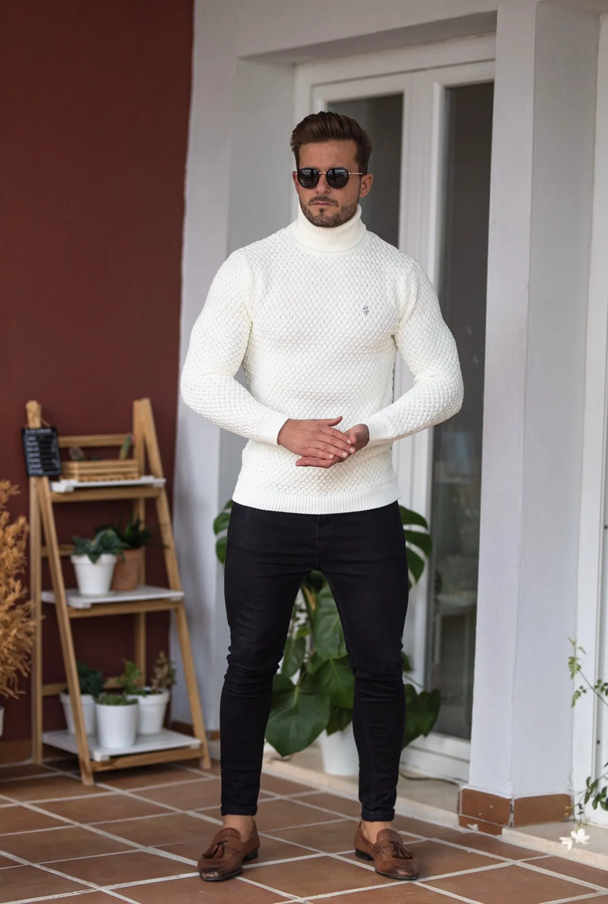 Father Sons Cream Knitted Roll Neck Weave Super Slim Sweater With Metal Decal - FSJ026