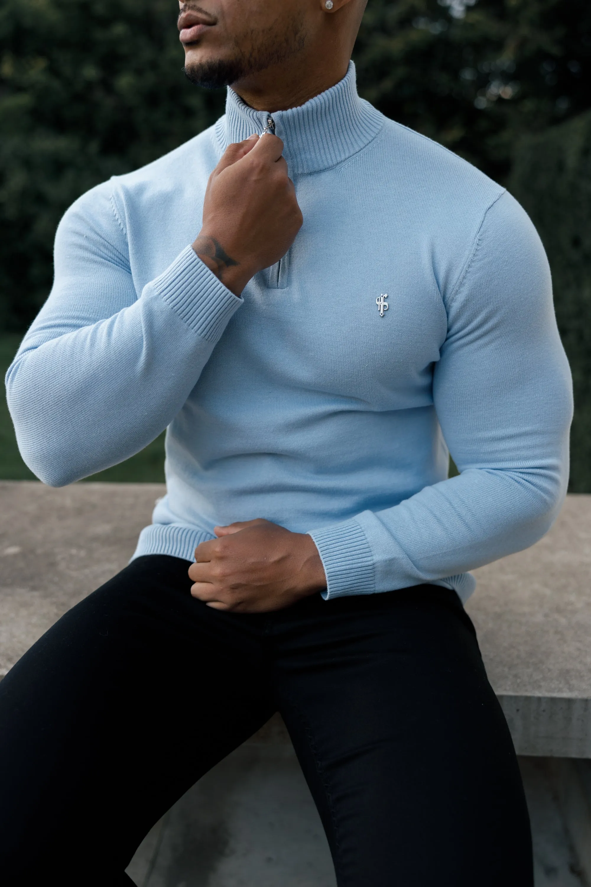 Father Sons Light Blue Funnel Neck 1/2 Zip Knitted Sweater - FSN119