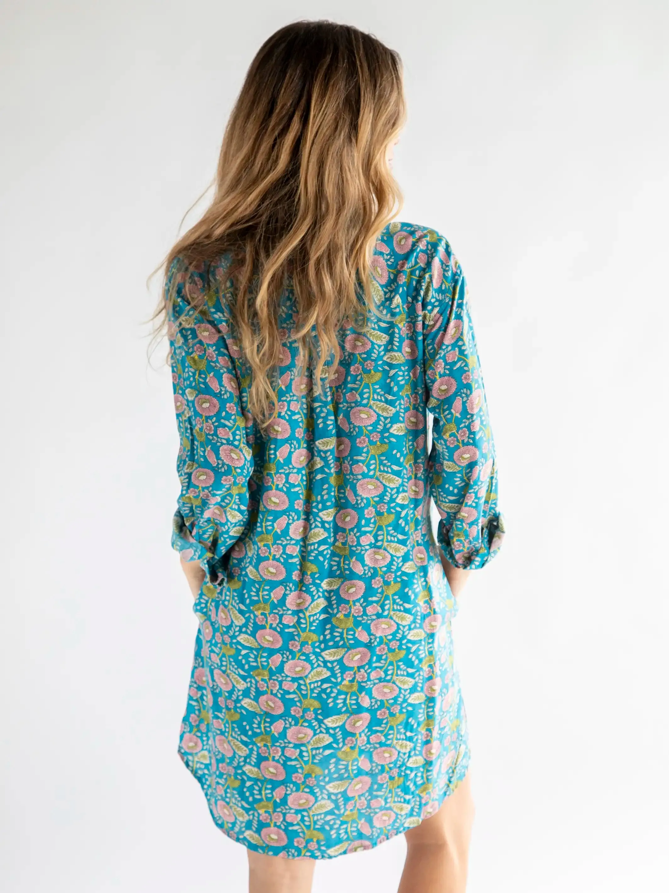 Georgia Shirt Dress - Blue Pink Floral Vines