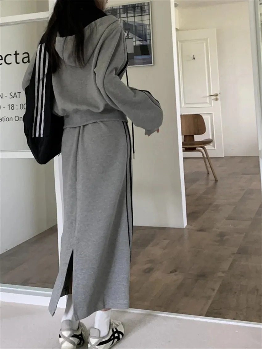 Girlary Casual Sports High Street Suits Women Chic Hooded 2024 Fashion Loose Spring Coats New Maxi Skirts Two Pieces Sets