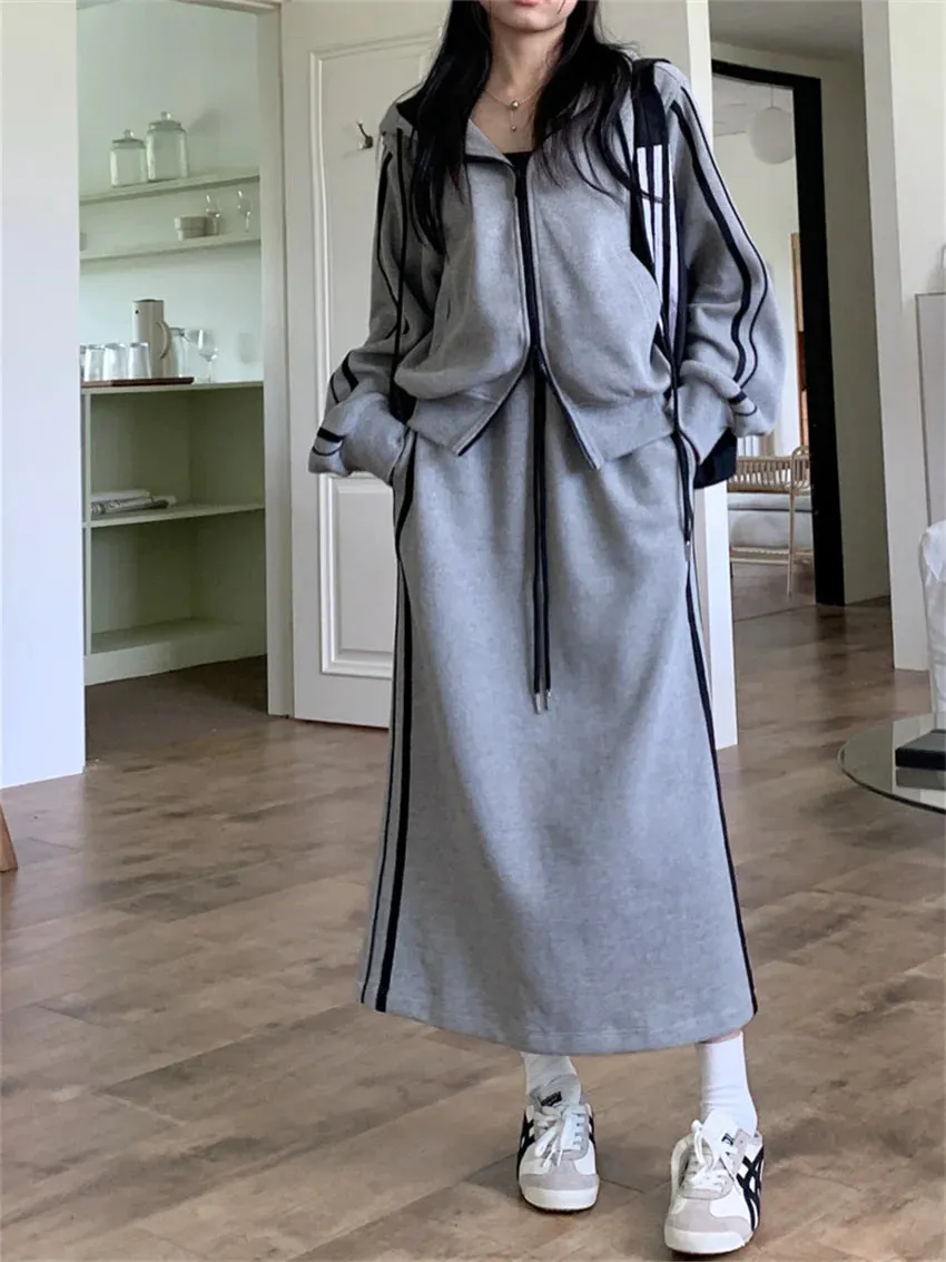 Girlary Casual Sports High Street Suits Women Chic Hooded 2024 Fashion Loose Spring Coats New Maxi Skirts Two Pieces Sets