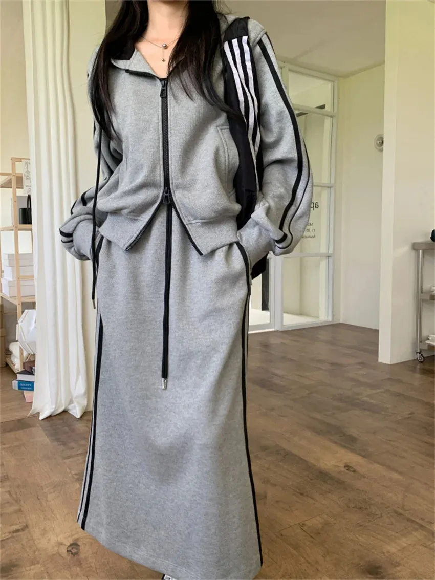 Girlary Casual Sports High Street Suits Women Chic Hooded 2024 Fashion Loose Spring Coats New Maxi Skirts Two Pieces Sets