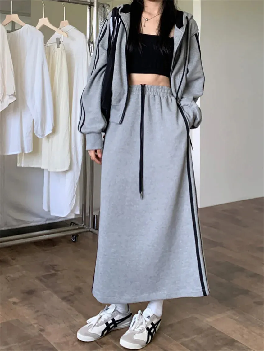 Girlary Casual Sports High Street Suits Women Chic Hooded 2024 Fashion Loose Spring Coats New Maxi Skirts Two Pieces Sets