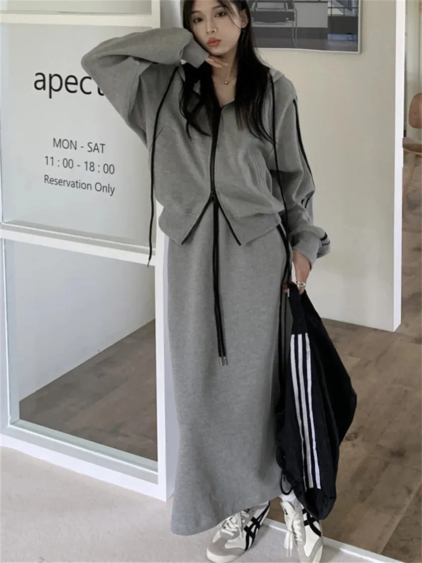 Girlary Casual Sports High Street Suits Women Chic Hooded 2024 Fashion Loose Spring Coats New Maxi Skirts Two Pieces Sets